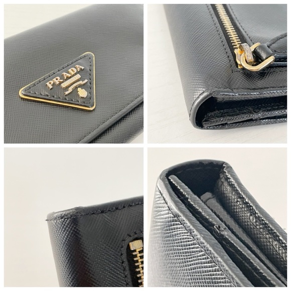 Prada black saffiano leather triangle long snap wallet sleek gold - Picture 3 of 11